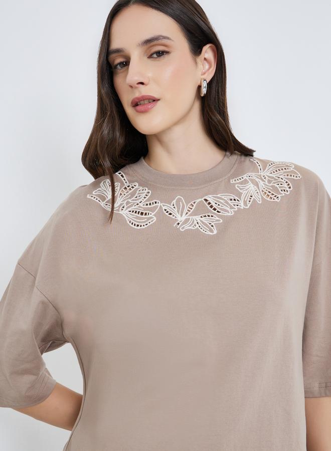 Styli Women Beige Embroidered Oversized T-Shirt - Image 5